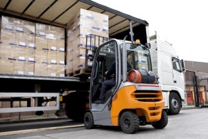 forklift moving large boxes